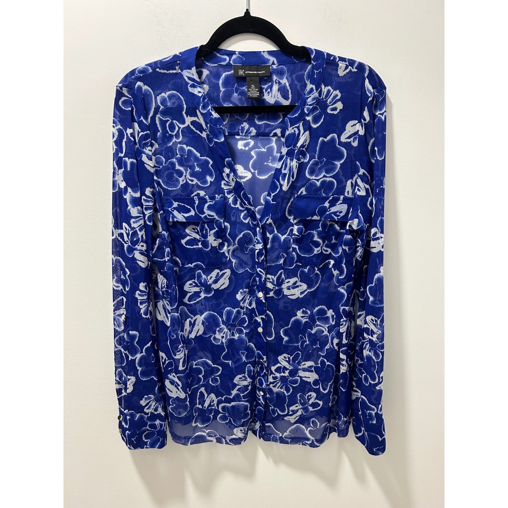 INC International Concepts Blue White Floral Mesh Button Down Blouse XL